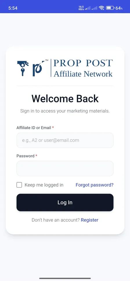 PropPost Network affiliate app - Register / Login screen
